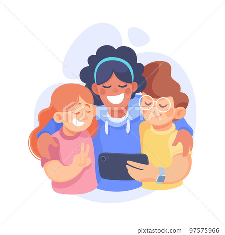 Mom Embracing Kids Loving and Feeling Happy Taking Selfie with Tablet Vector Illustration 97575966