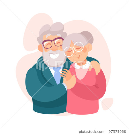 Embracing Senior Man and Woman Loving and Feeling Happy Vector Illustration 97575968