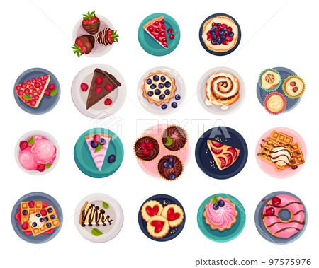 Sweet Desserts with Waffle, Cake, Donut, Cupcake and Bun Big Vector Set 97575976