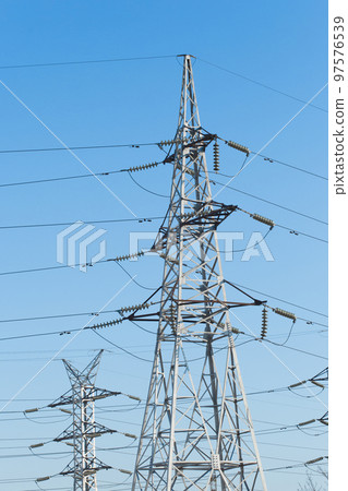 Electricity voltage high energy power technology electrical tower industry line electric blue sky Electricity voltage high energy power technology electrical tower industry line electric blue sky 97576539