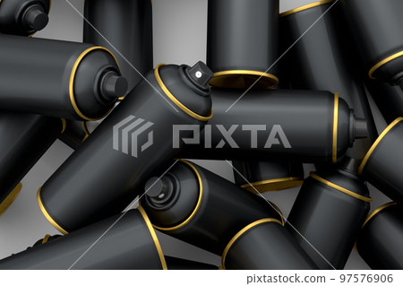 Lots of flying spray paint cans on white background. Spray bottle and dispenser 97576906