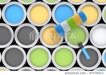 Set of open metal can or buckets of paint in row pattern on white background. 97576913