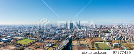 Aerial view "Saitama Prefecture" Saitama City Minuma rice field and winter sky 97577429