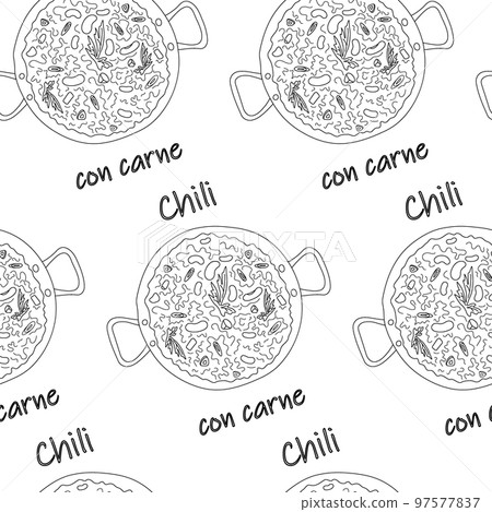 Seamless pattern from Chili con carne with beans and slices with lettering. Latin American food. Seamless pattern from Chili con carne with beans and slices with lettering. Latin American food. 97577837