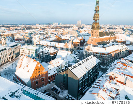 Aerial view of the winter Riga old town - the capital of Latvia. Beautiful winter over Riga. Aerial view of the winter Riga old town - the capital of Latvia. Beautiful winter over Riga. 97578186