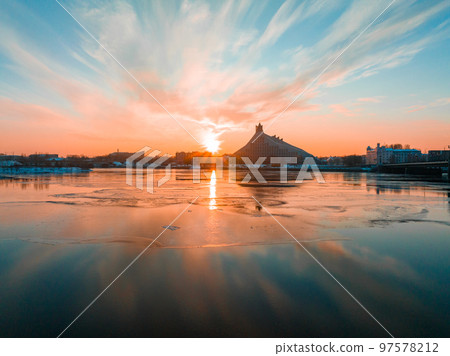 Beautiful winter view of the Latvian National library in Riga. 97578212