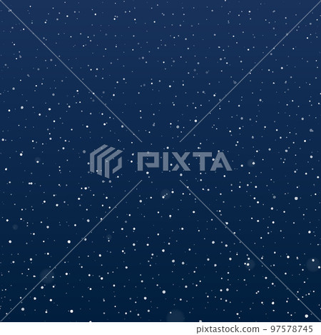 Snowfall at night. Falling snowflakes on dark background. Galaxy stars on night sky. Splattered particles, dots, specks, splashes, drops, spray texture.  97578745