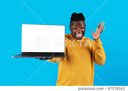 Great Website. Surprised Black Man Holding Laptop Computer With Blank White Screen Great Website. Surprised Black Man Holding Laptop Computer With Blank White Screen 97579162