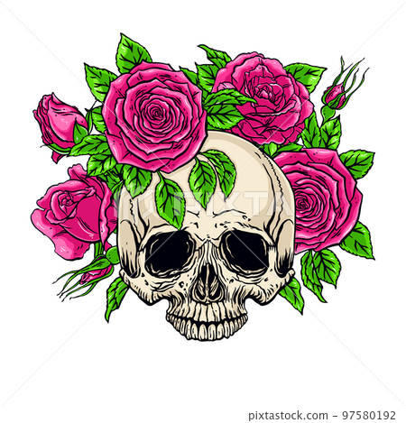 human skull with a roses wreath 97580192