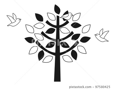 黑白樹和鳥插畫 97580425