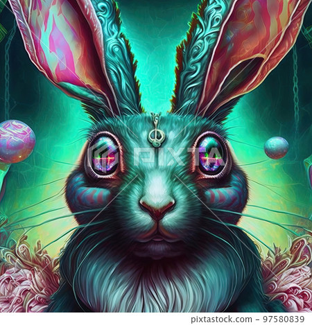 Iridescent psychedelic rabbit in neon colors. Spirit animal portrait, spring or Easter symbol. Generative AI. Not based on any actual scene 97580839