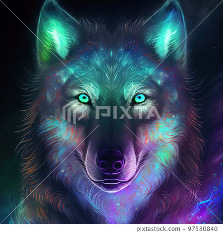 Iridescent psychedelic wolf in neon colors. Spirit animal portrait. Generative AI. Not based on any actual scene 97580840