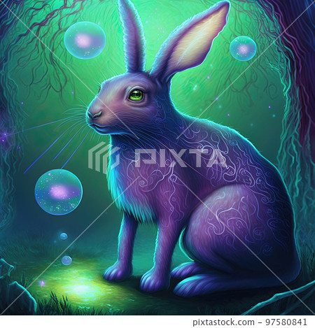 Iridescent psychedelic rabbit in neon colors in enchanted forest. Spirit animal portrait. Fairy tale Easter atmosphere. Generative AI. Not based on any actual scene 97580841