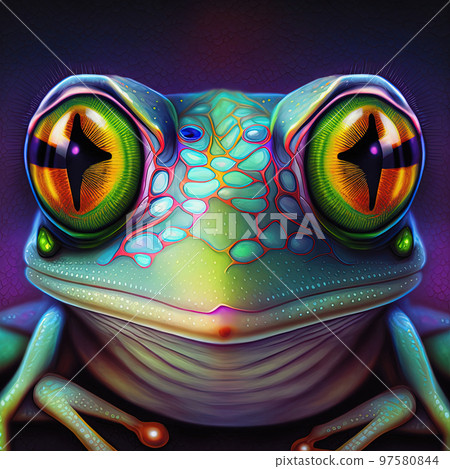 Iridescent psychedelic frog in neon colors. Spirit animal portrait. Generative AI. Not based on any actual scene Iridescent psychedelic frog in neon colors. Spirit animal portrait. Generative AI. Not based on any actual scene 97580844