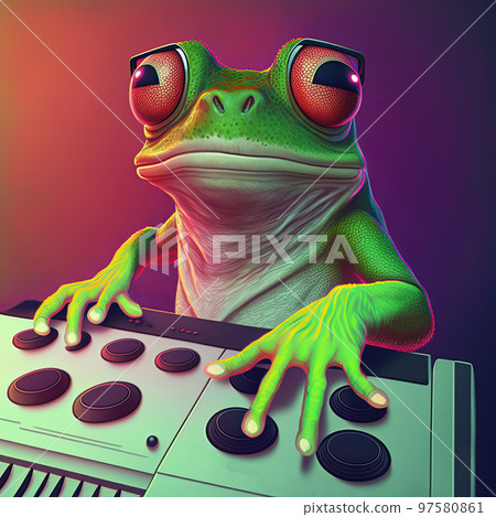 Frog dj, disc jockey playing music on turntable on stage deejay audio equipment. Pop style in neon colors. Generative AI. Not based on any actual scene 97580861