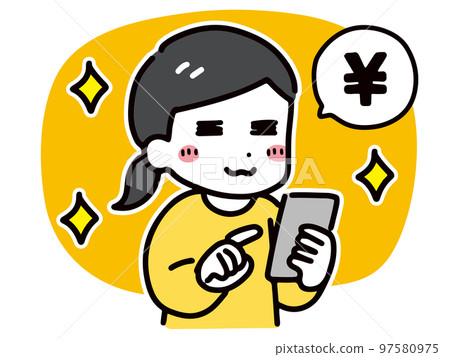 A smiling young woman in casual clothes (upper body) is exchanging money using her smartphone. A smiling young woman in casual clothes (upper body) is exchanging money using her smartphone. 97580975