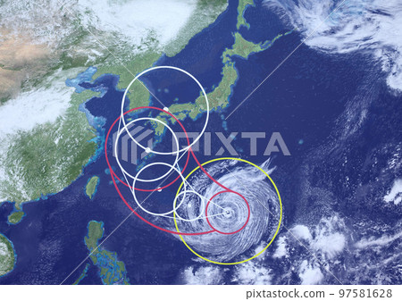 日本列島颱風路徑圖軌道天氣虛擬天氣圖3D向上(3DCG圖像) 日本列島颱風路徑圖軌道天氣虛擬天氣圖3D向上(3DCG圖像) 97581628
