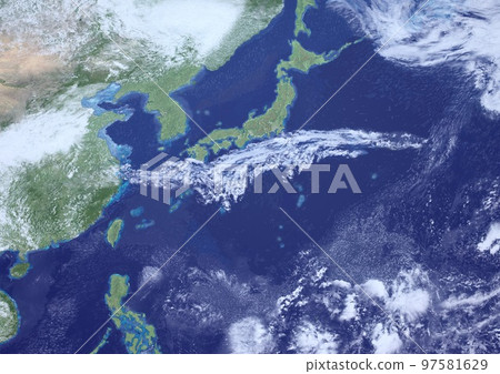 Japanese archipelago rainy season front rain cloud weather fictitious weather map 3D up (3DCG image) 97581629