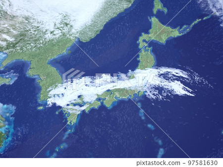 Japanese archipelago rainy season front rain cloud weather fictitious weather map 3D up (3DCG image) Japanese archipelago rainy season front rain cloud weather fictitious weather map 3D up (3DCG image) 97581630
