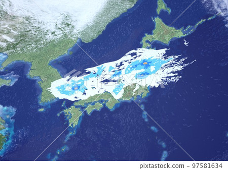 日本列島雨雲雷達雨雲天氣虛擬天氣圖3D向上(3DCG圖像) 日本列島雨雲雷達雨雲天氣虛擬天氣圖3D向上(3DCG圖像) 97581634