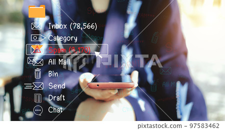 The concept of e-mail and computer viruses. Review the concepts of internet security, spam and e-marketing on screen. Spam email pop-up warnings. 97583462