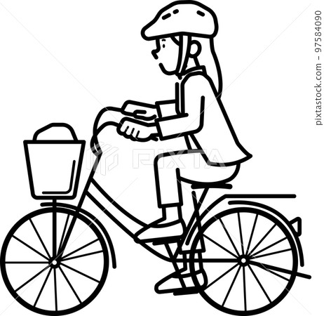 Illustration of a business woman wearing a helmet and riding a bicycle Line drawing only 97584090