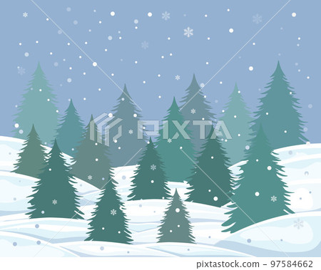 Winter landscape. Snow-covered winter forest. Christmas trees in the snow on the background of snowfall. Forest in the snow in cartoon style. Vector illustration Winter landscape. Snow-covered winter forest. Christmas trees in the snow on the background of snowfall. Forest in the snow in cartoon style. Vector illustration 97584662