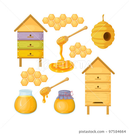Honey and beehives. A large set of images of honey, beehives and accessories for honey and also honeycombs. Vector illustration in cartoon style Honey and beehives. A large set of images of honey, beehives and accessories for honey and also honeycombs. Vector illustration in cartoon style 97584664