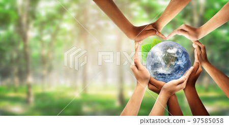 Conceptual symbol of multiracial human hands surrounding the Earth globe. Unity, world peace, humanity concept. World environment day- Earth Day concept. Conceptual symbol of multiracial human hands surrounding the Earth globe. Unity, world peace, humanity concept. World environment day- Earth Day concept. 97585058