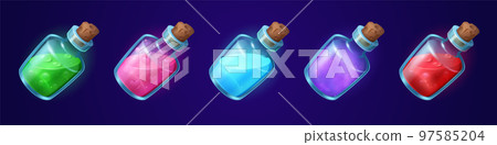 Bottles with magic potions, elixirs and poisons Bottles with magic potions, elixirs and poisons 97585204