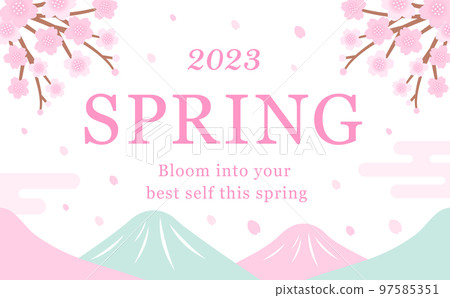 Japanese style spring mountain and cherry blossom vector frame material_white background 97585351