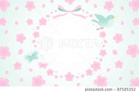 Japanese modern spring cherry blossom vector frame material decorated with birds and butterflies_green_no text 97585352