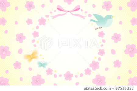 Japanese modern spring cherry blossom vector frame material decorated with birds and butterflies_yellow_no text 97585353