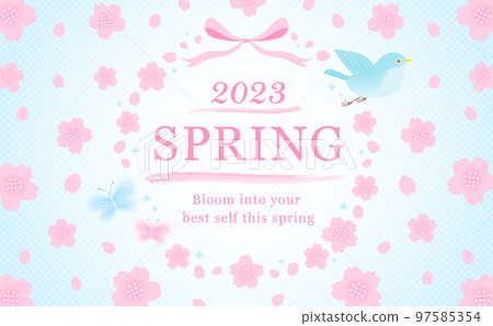 日本現代春天櫻花矢量框架材料裝飾鳥和蝴蝶_淡藍色 97585354