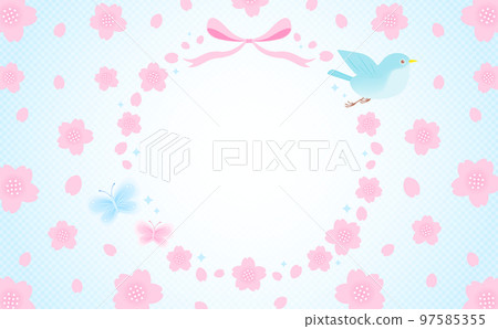 日本現代春天櫻花矢量框架材料裝飾鳥和蝴蝶_淺藍色_無文字 日本現代春天櫻花矢量框架材料裝飾鳥和蝴蝶_淺藍色_無文字 97585355