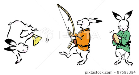 Japanese style rabbit doing a handstand and playing a Brazilian instrument 97585384