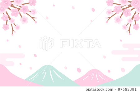Japanese-style spring mountain and cherry blossom vector frame material_white background_no text 97585391