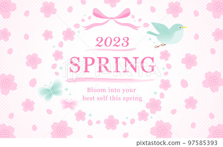 Japanese modern spring cherry blossom vector frame material decorated with birds and butterflies_pink 97585393