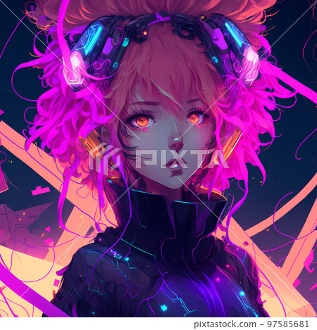 Cyberpunk-style girl with beautiful neon colors - Stock Illustration  [99174420] - PIXTA