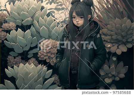 A girl wearing a mod coat surrounded by succulents "AI generated image" 97585688