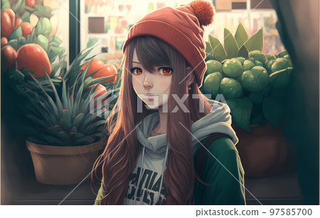 A woman who looks good in a coat wearing a knit hat with a pompon "AI generated image" 97585700