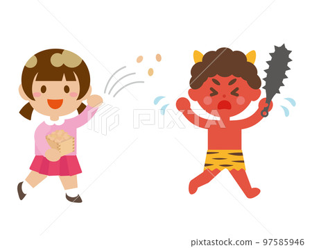 A girl throwing beans and a demon running away 97585946