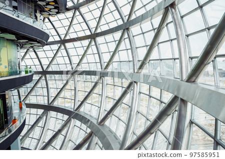 Nur-Alem sphere in EXPO 2017 Exhibition Area. Futuristic Interior, levels floors of round Sphere modern building. 97585951
