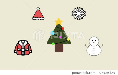 Cute Christmas Illustration & Isolated on yellow Background. Santa Claus, snowman, snowflakes, Christmas tree. Print Ideal for fabric, wrapping paper, textile, poster, banner, card, New Year's design 97586125