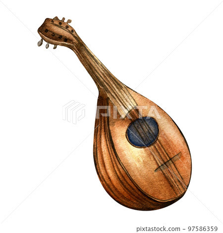 Mandoline classical musical instrument watercolor illustration on white background. Mandoline classical musical instrument watercolor illustration on white background. 97586359