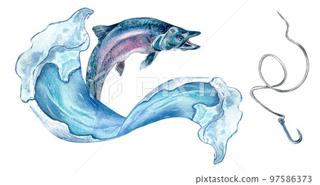 Banner of salmon, trout and sea wave watercolor illustration isolated on white. 97586373