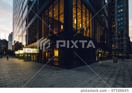 Night street view of Manhattan, road and buildings at night 97586645