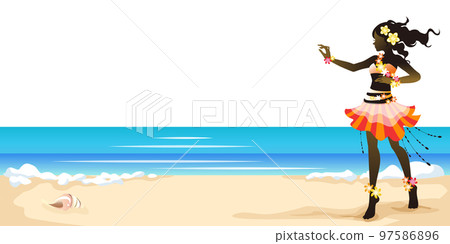 Scene of hula girls in colorful costumes dancing hula against the blue ocean of Hawaii Scene of hula girls in colorful costumes dancing hula against the blue ocean of Hawaii 97586896