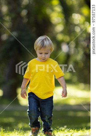 Little blond boy walking in the green park Little blond boy walking in the green park 97587133