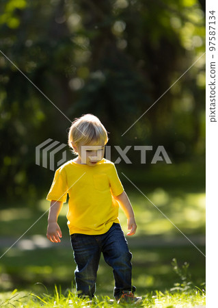 Little blond boy walking in the park Little blond boy walking in the park 97587134